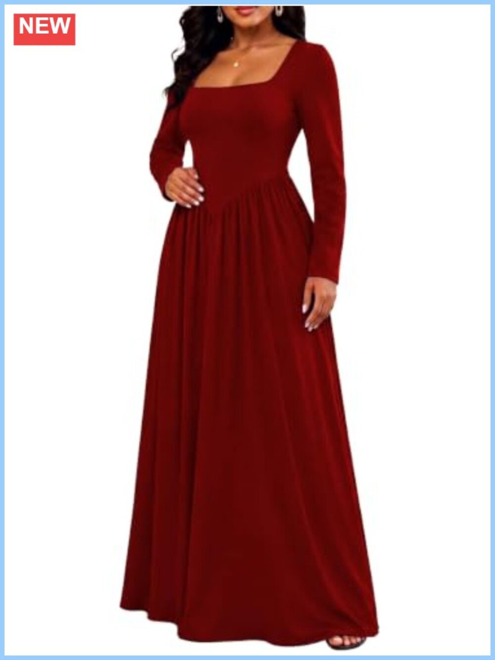 Women's Long Sleeve Maxi Dress Square Neck Fit & Flare Cotton Stretch